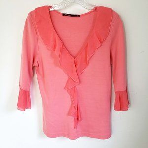 Barbara Lesser Women's Pink Coral Knit V Neck Lace Ruffle Trim Shirt Top Blouse